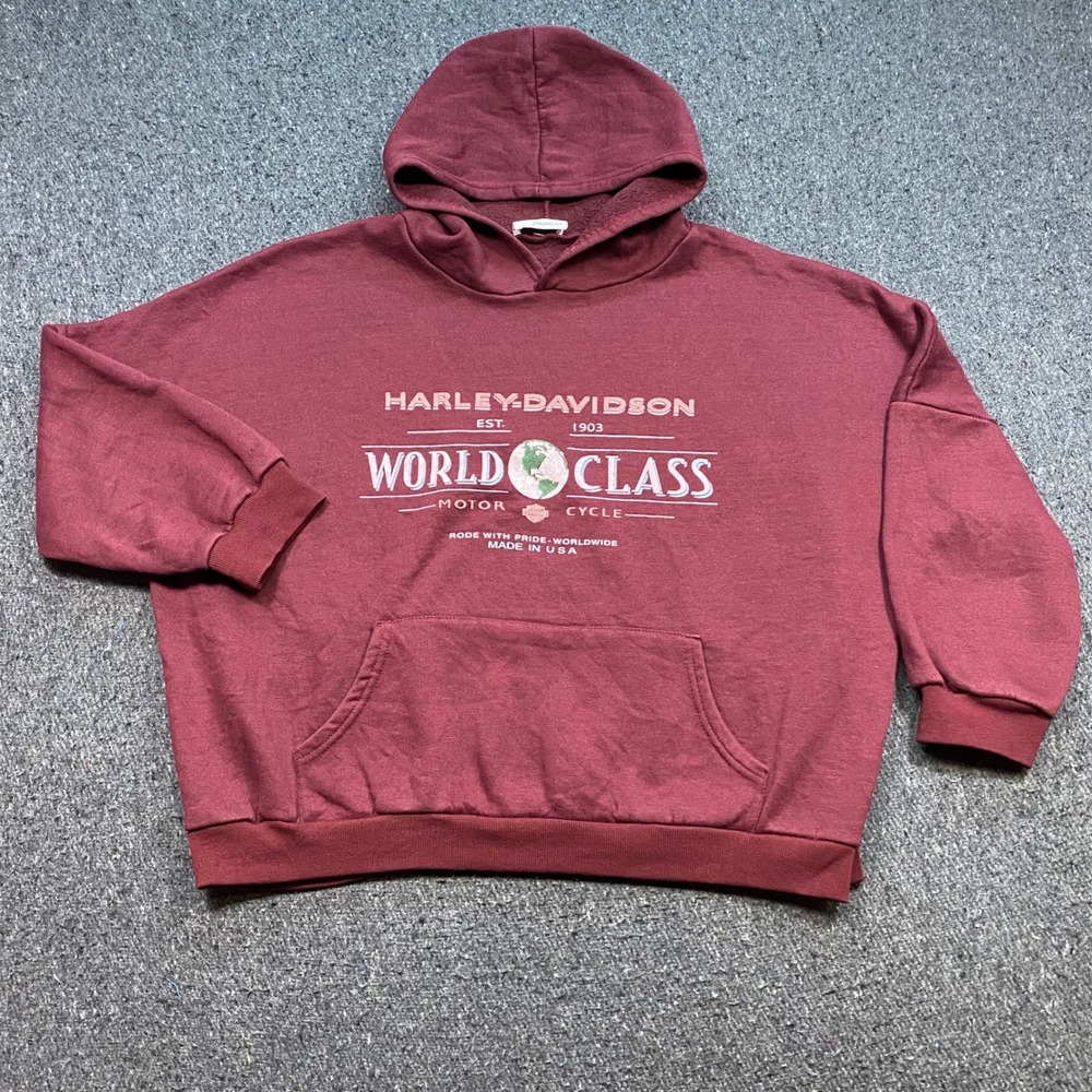 Harley Davidson Hoodie Sz XL Mens Burgundy Skater World Class Motor Cycle Logo